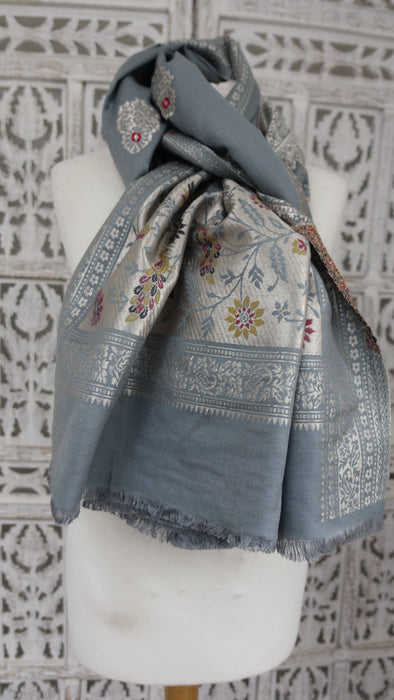 Silver grey wool blend shawl with red and ochre floral design