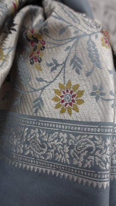 Silver grey wool blend shawl with red and ochre floral design – view 5