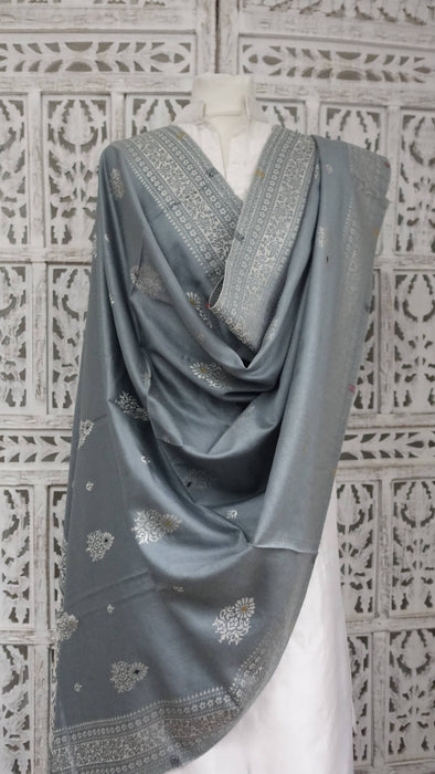 Silver grey wool blend shawl with red and ochre floral design – view 3