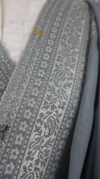 Silver grey wool blend shawl with red and ochre floral design – view 4