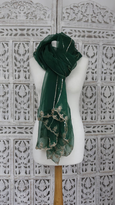 Dark Green Silk Voile Embellished Dupatta
