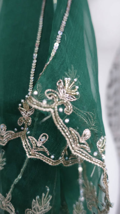 Dark Green Silk Voile Embellished Dupatta