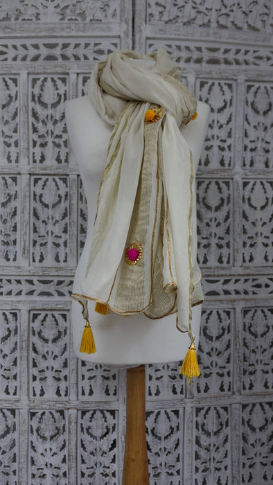 Cream Dupatta With Pom Pom And Tassels - New