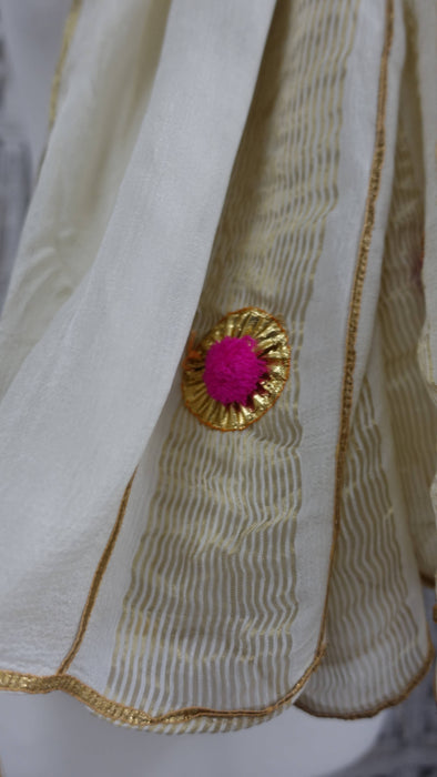 Cream Dupatta With Pom Pom And Tassels - New