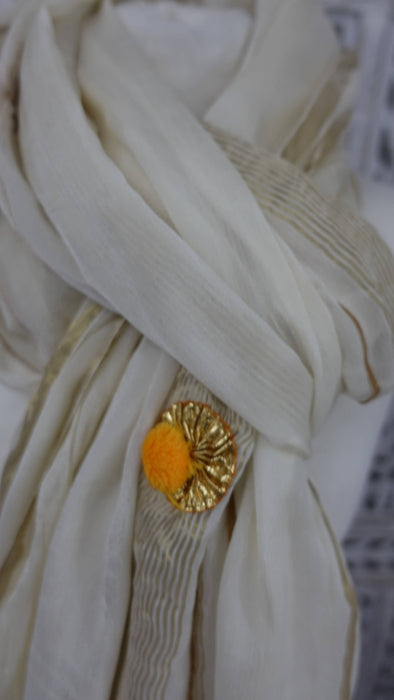 Cream Dupatta With Pom Pom And Tassels - New