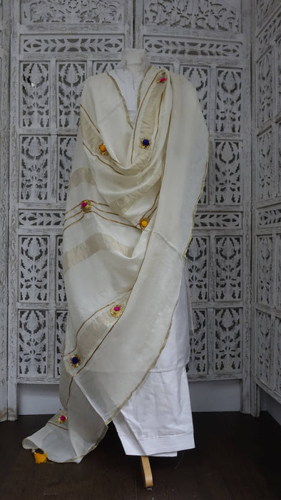 Cream Dupatta With Pom Pom And Tassels - New
