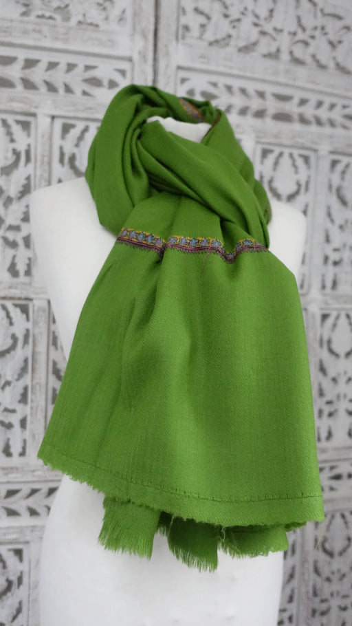 Parrot green wool shawl with multicoloured hand embroidery