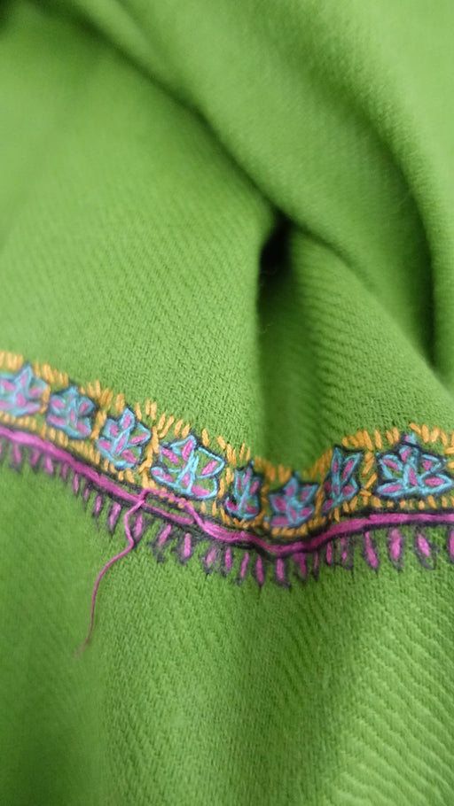 Parrot green wool shawl with multicoloured hand embroidery – view 2