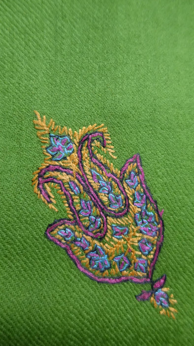 Parrot green wool shawl with multicoloured hand embroidery – view 3