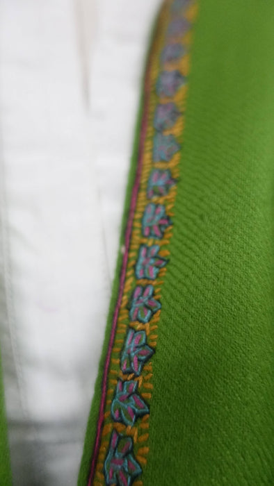 Parrot green wool shawl with multicoloured hand embroidery – view 4