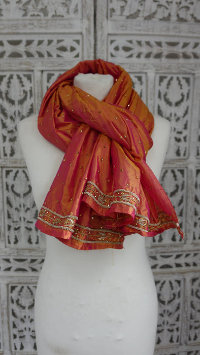 Orange And Pink 2 Tone Pure Silk Vintage Dupatta With Zardosi - New