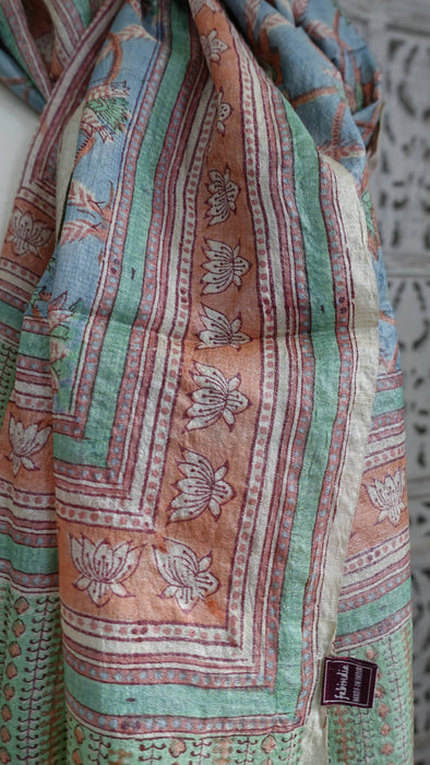 Blue And Green Pure Silk Tissue Printed Dupatta - New
