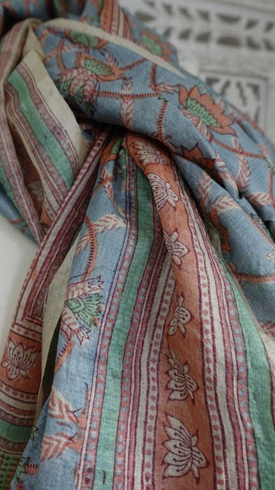 Blue And Green Pure Silk Tissue Printed Dupatta - New