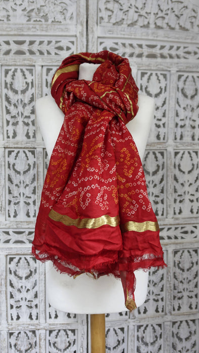 Red Silk Bandhani Print Dupatta - New