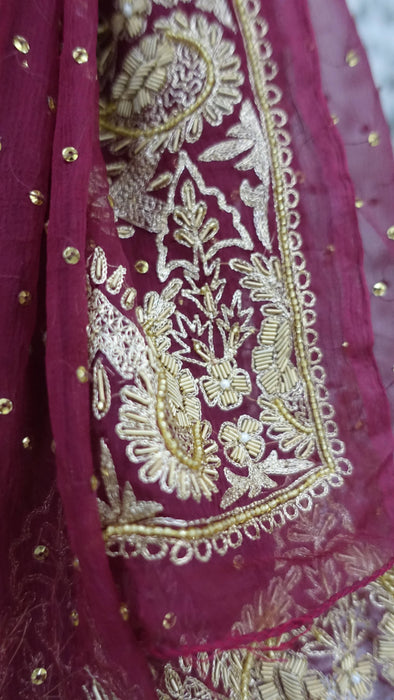 Dark Red Silk Chiffon Zardosi Vintage Scarf - New