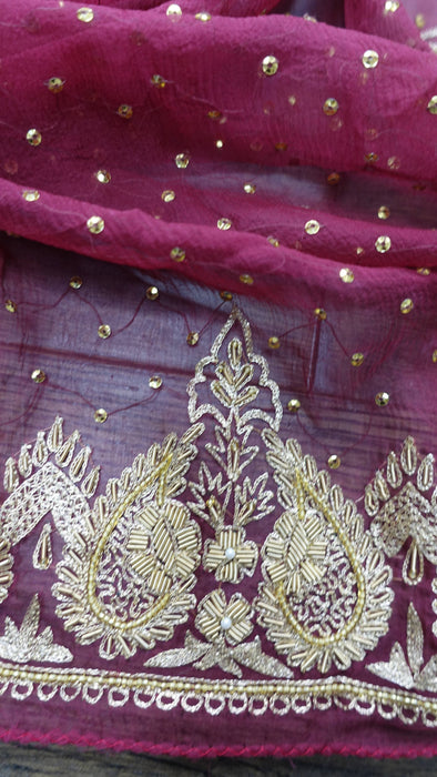 Dark Red Silk Chiffon Zardosi Vintage Scarf - New