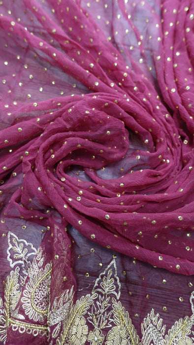 Dark Red Silk Chiffon Zardosi Vintage Scarf - New