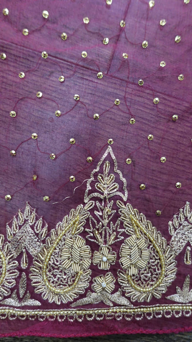 Dark Red Silk Chiffon Zardosi Vintage Scarf - New