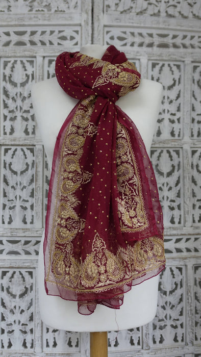 Dark Red Silk Chiffon Zardosi Vintage Scarf - New