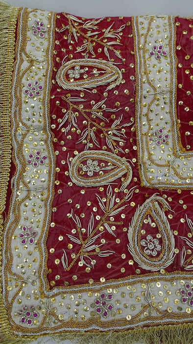 Red Vintage Kiran Gota Fringe Wedding Dupatta - New