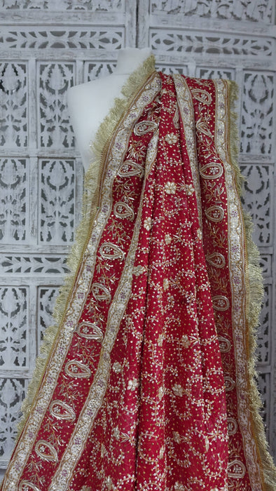 Red Vintage Kiran Gota Fringe Wedding Dupatta - New