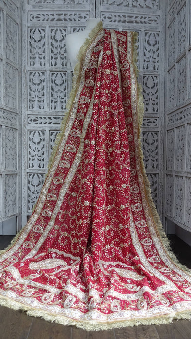 Red Vintage Kiran Gota Fringe Wedding Dupatta - New