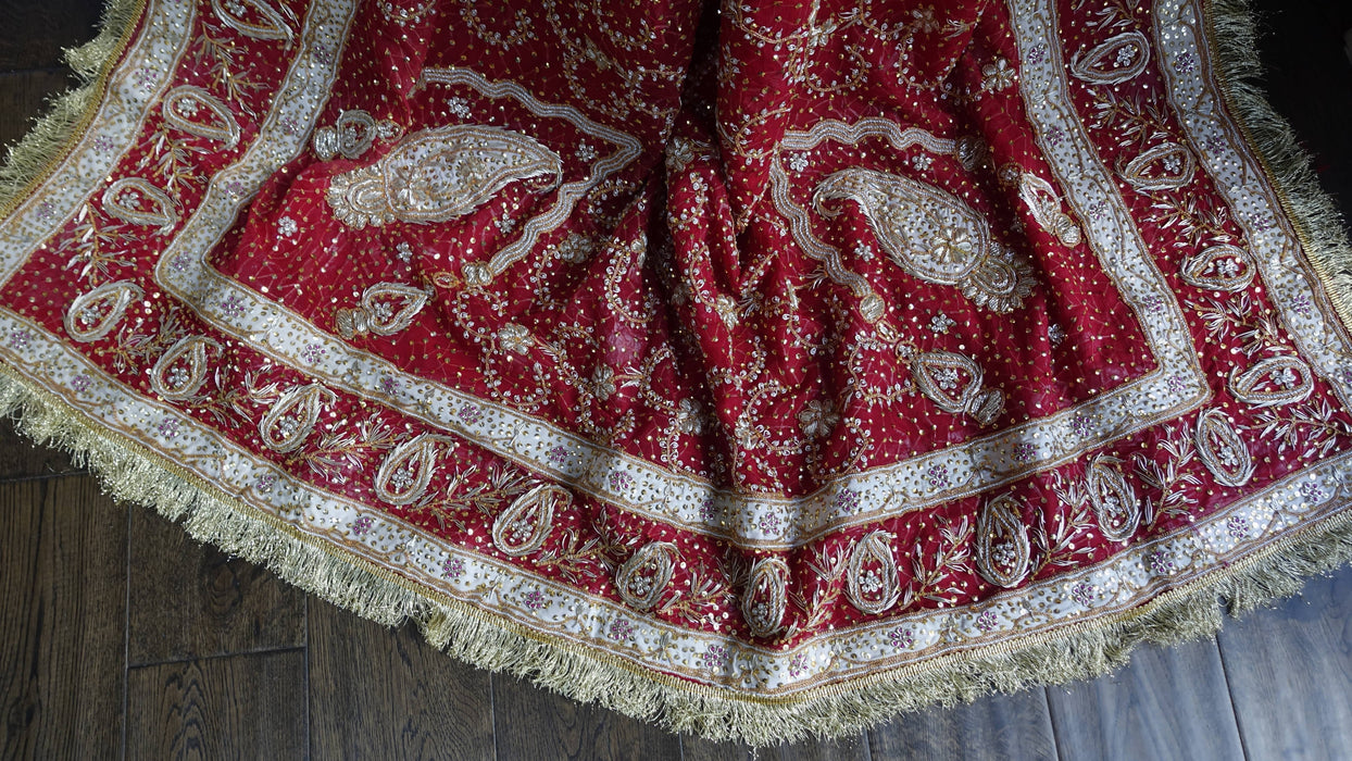 Red Vintage Kiran Gota Fringe Wedding Dupatta - New
