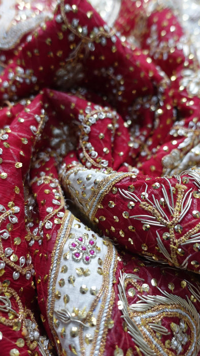 Red Vintage Kiran Gota Fringe Wedding Dupatta - New