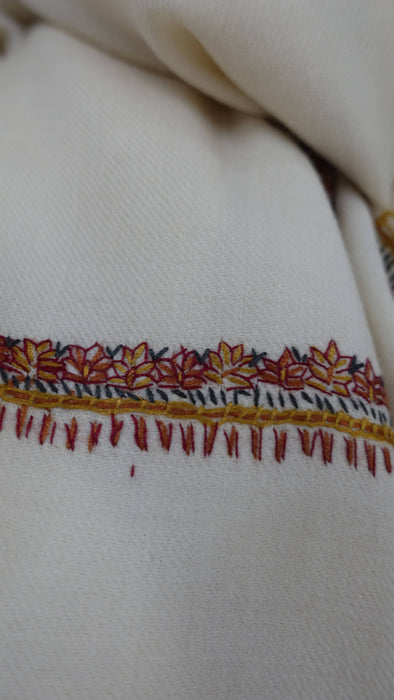 Cream wool shawl with orange, black and ochre corner motifs – view 2