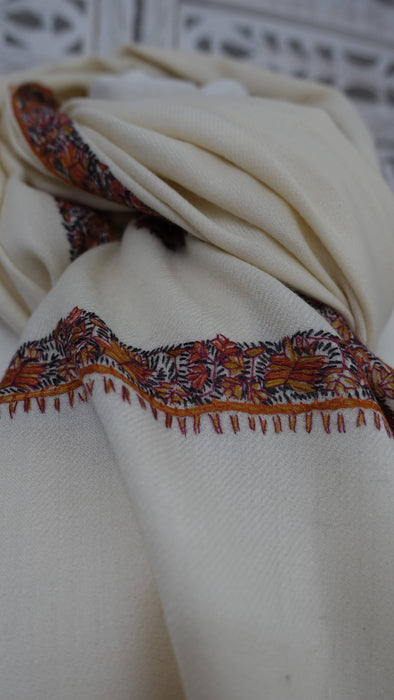 Large cream wool shawl with orange, black and ochre embroidery – view 2