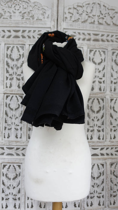 Preloved black wool shawl with orange thread embroidery