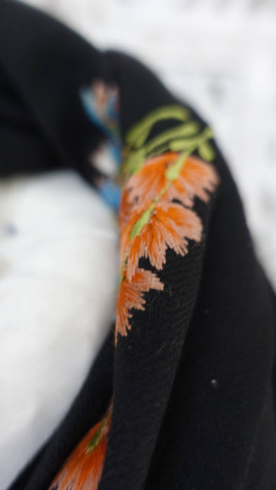 Preloved black wool shawl with orange thread embroidery – view 4