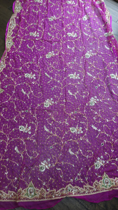 Hot Pink Silk Chiffon Vintage Wedding Dupatta - New