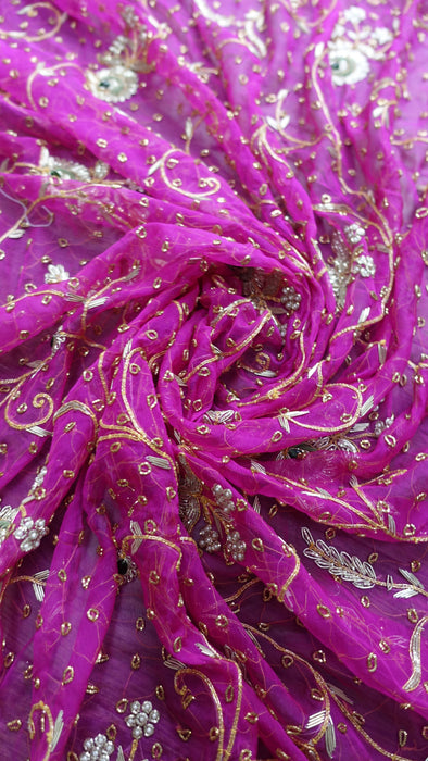 Hot Pink Silk Chiffon Vintage Wedding Dupatta - New