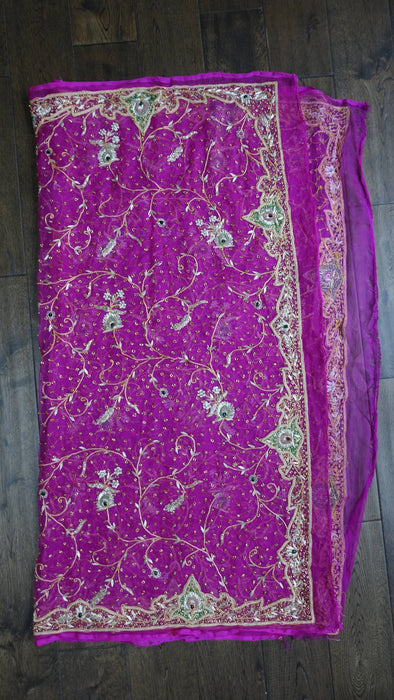 Hot Pink Silk Chiffon Vintage Wedding Dupatta - New
