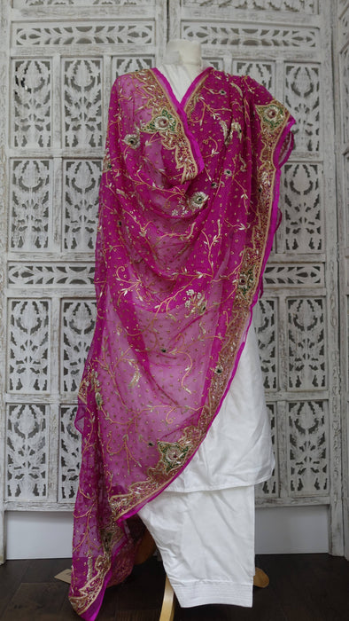 Hot Pink Silk Chiffon Vintage Wedding Dupatta - New