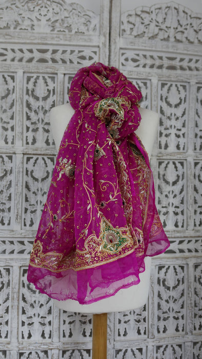 Hot Pink Silk Chiffon Vintage Wedding Dupatta - New