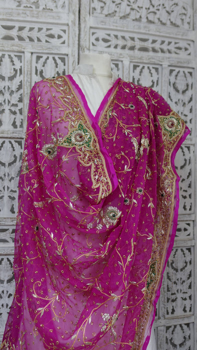 Hot Pink Silk Chiffon Vintage Wedding Dupatta - New