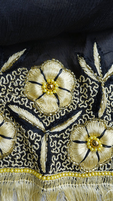 Black silk chiffon vintage gold tasselled dupatta – end panel detail