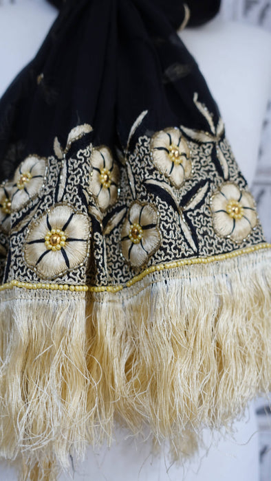 Black silk chiffon vintage gold tasselled dupatta – fabric and colour detail