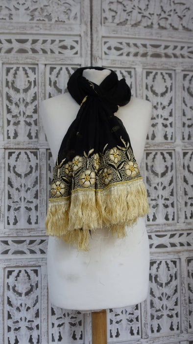 Black silk chiffon vintage gold tasselled dupatta – corner detail
