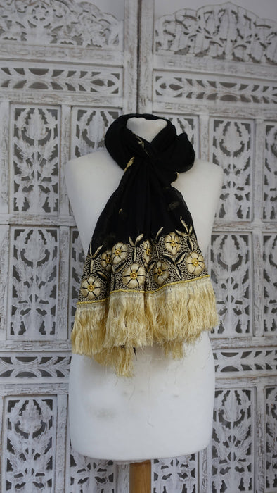 Black silk chiffon vintage gold tasselled dupatta