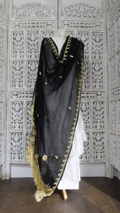 Black silk chiffon vintage gold tasselled dupatta – reverse side