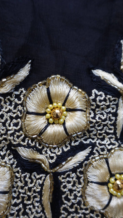 Black silk chiffon vintage gold tasselled dupatta – close-up of the embellishment