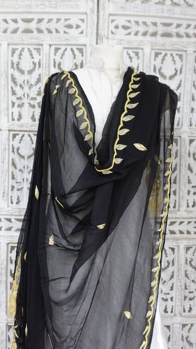 Black silk chiffon vintage gold tasselled dupatta – folded view