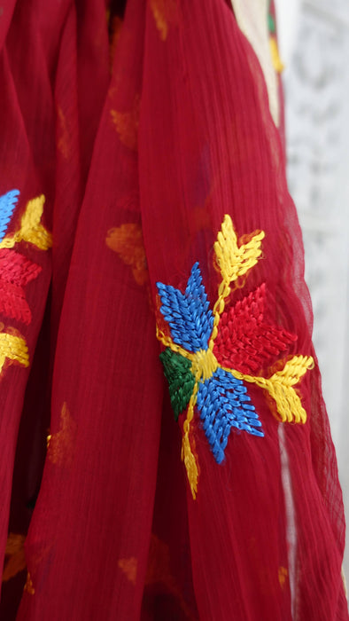 Red chiffon phulkari dupatta – shown draped