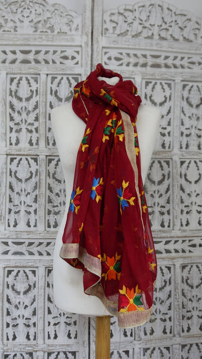 Red chiffon phulkari dupatta – full length view