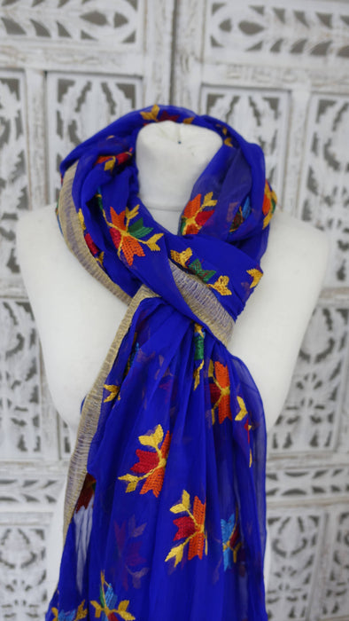 Purple blue phulkari dupatta – shown draped
