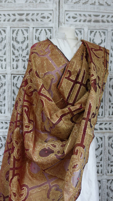 Rust vintage beaded voile and gold dupatta – shown draped