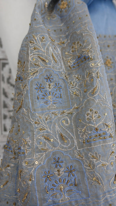 Baby blue vintage silk voile large dupatta – corner detail
